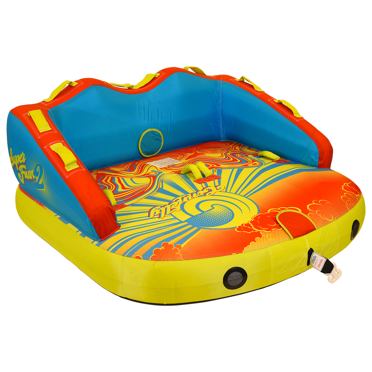 Angled front view of Super Fun 2 towable tube showing curved seat and bold graphics.