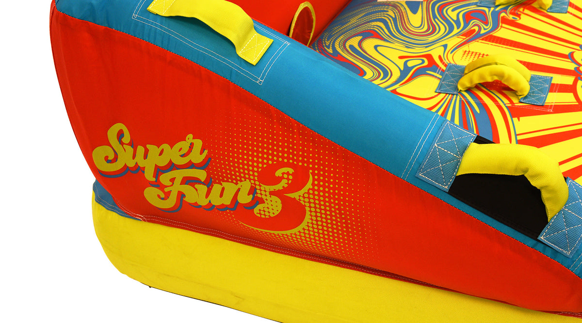 Close-up of Super Fun 3 side logo and yellow handle on red and blue panel.