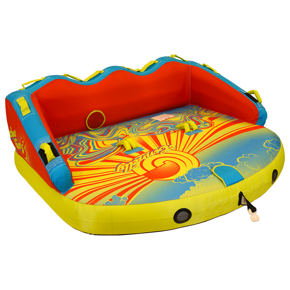 Angled front view of Super Fun 3 towable tube showing curved red backrest and logo.