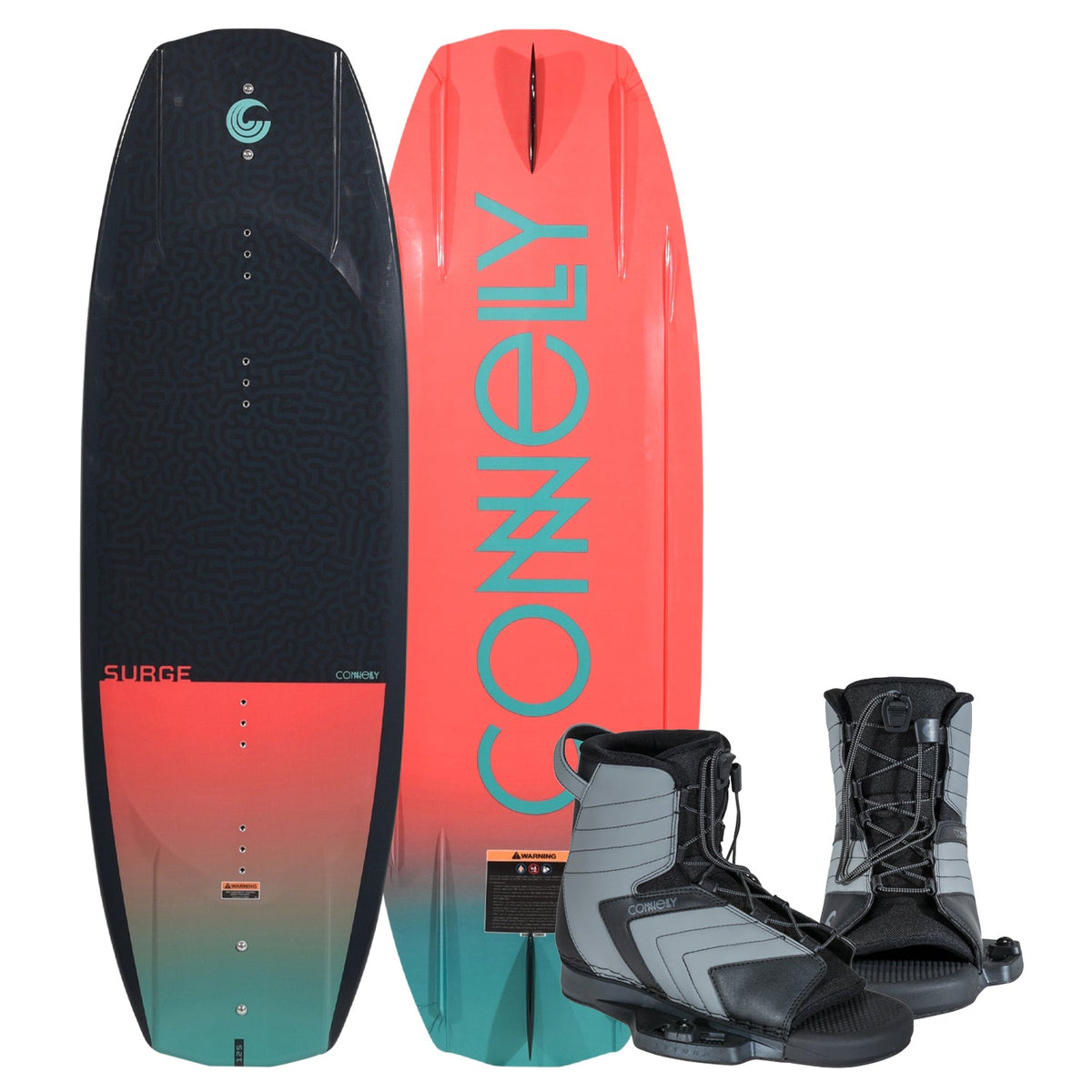 Top and bottom view of Surge 125 wakeboard in coral and teal gradient with gray and black Optima bindings.