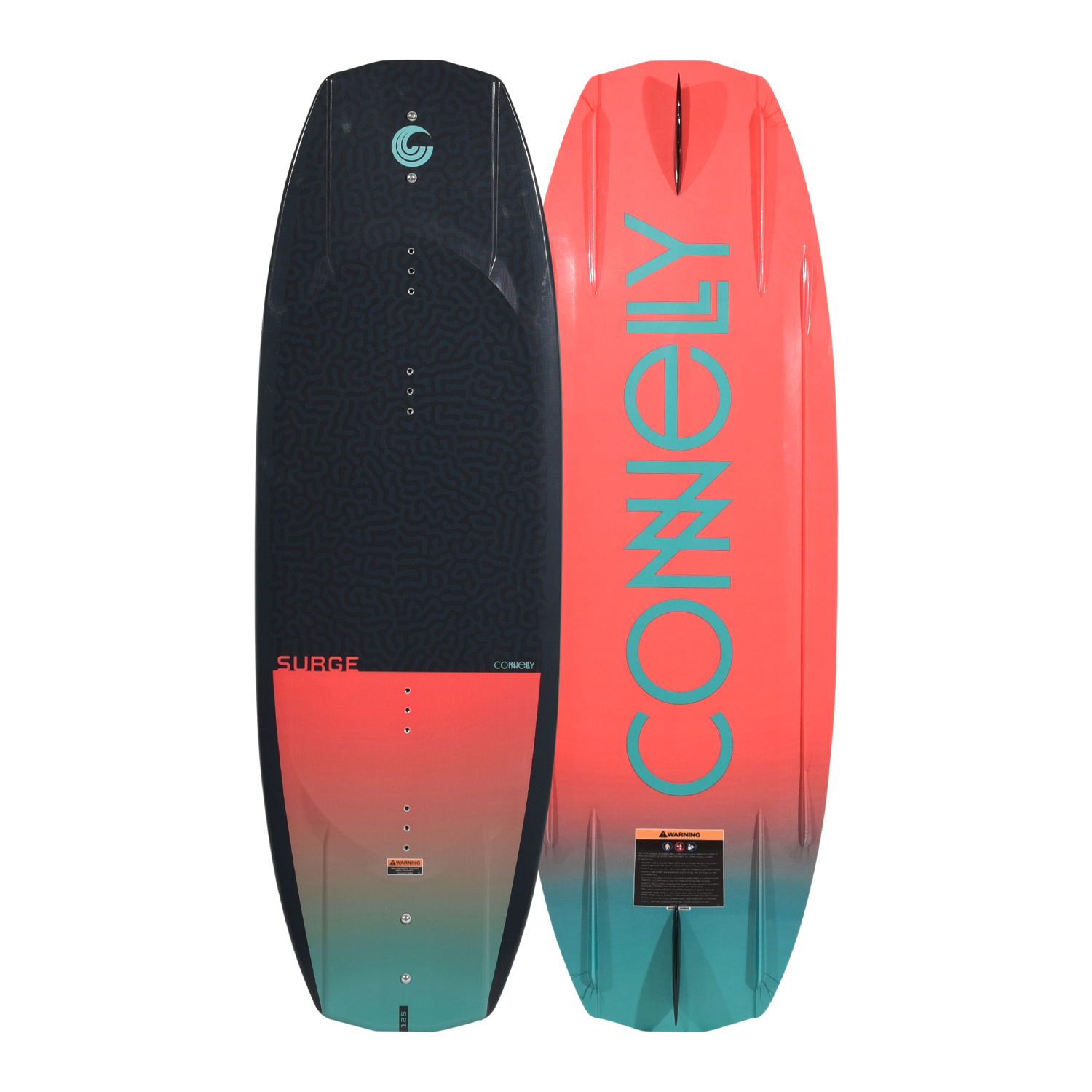 Front and back views of the Surge wakeboard with maze pattern and gradient logo design.