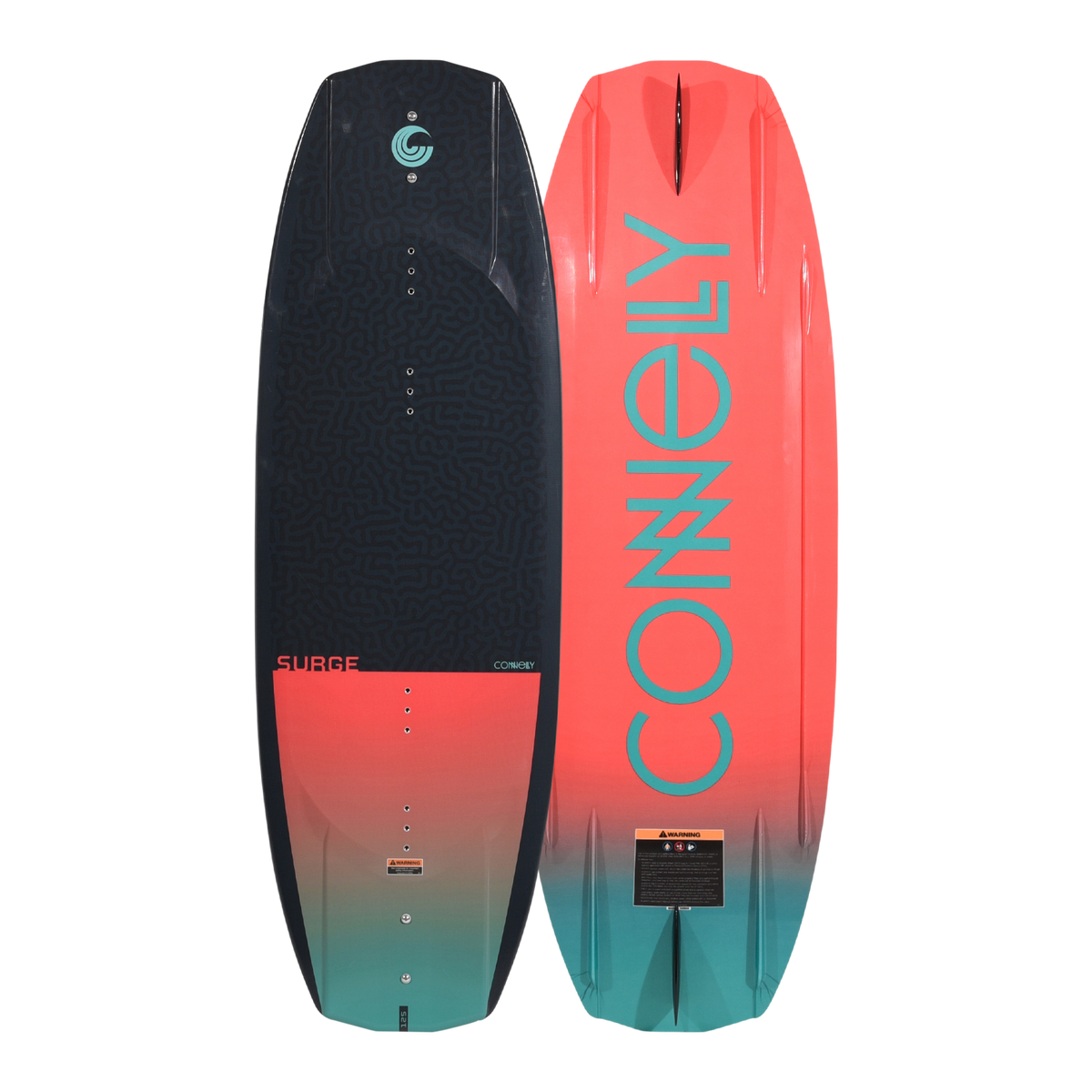 Front and back views of the Surge wakeboard with maze pattern and gradient logo design.