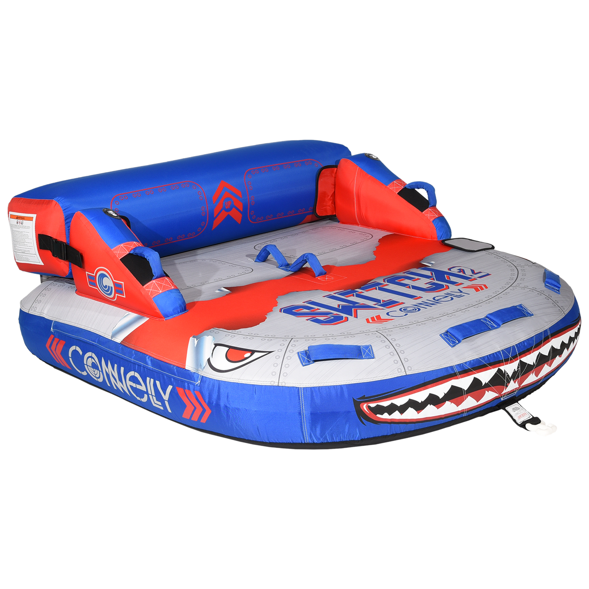 Angled front view of Switch 2 tube with shark mouth graphic and backrest.