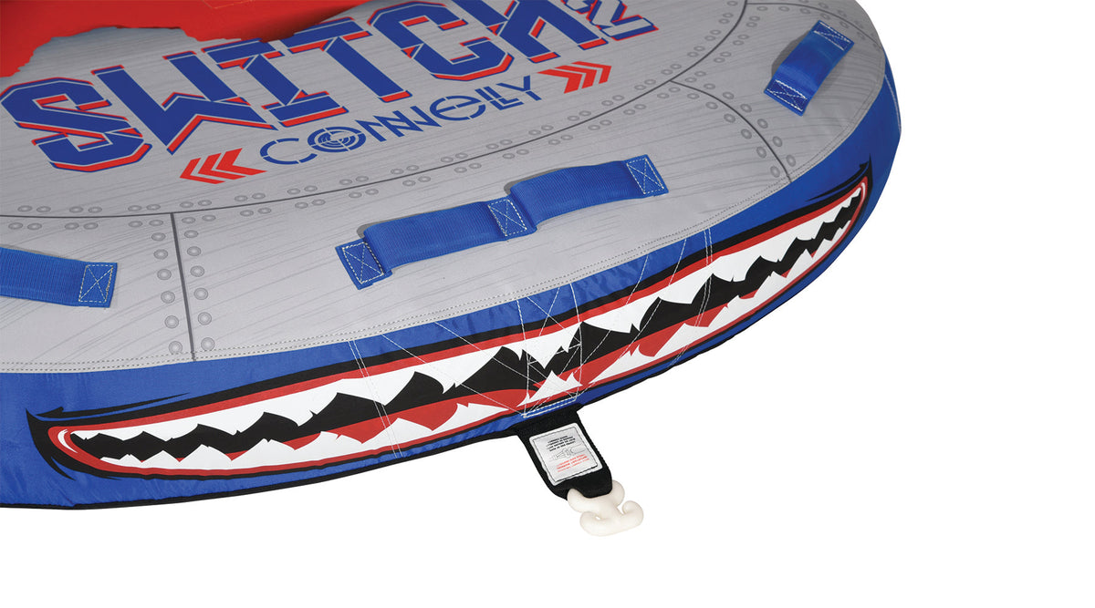 Front detail of Switch 2 tube showing shark mouth and tow point attachment.