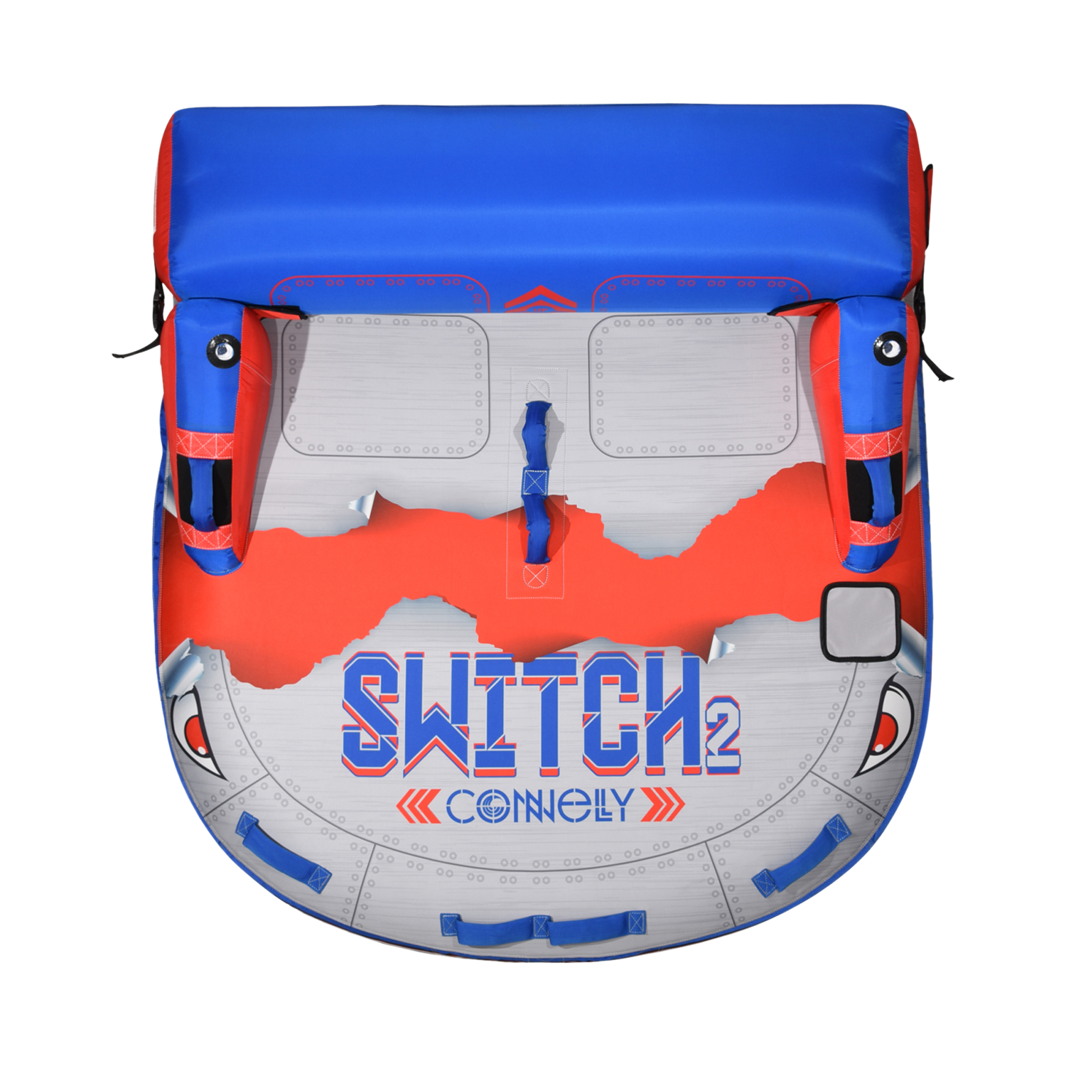 Top view of Switch 2 towable tube showing red, blue, and gray design with handle grips.