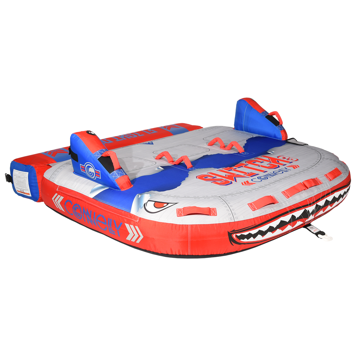 Side angled view of Switch 3 tube showing three seats and bold shark design.