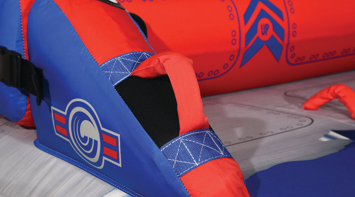 Close-up of Switch 3 side showing red and blue padded armrest with logo.