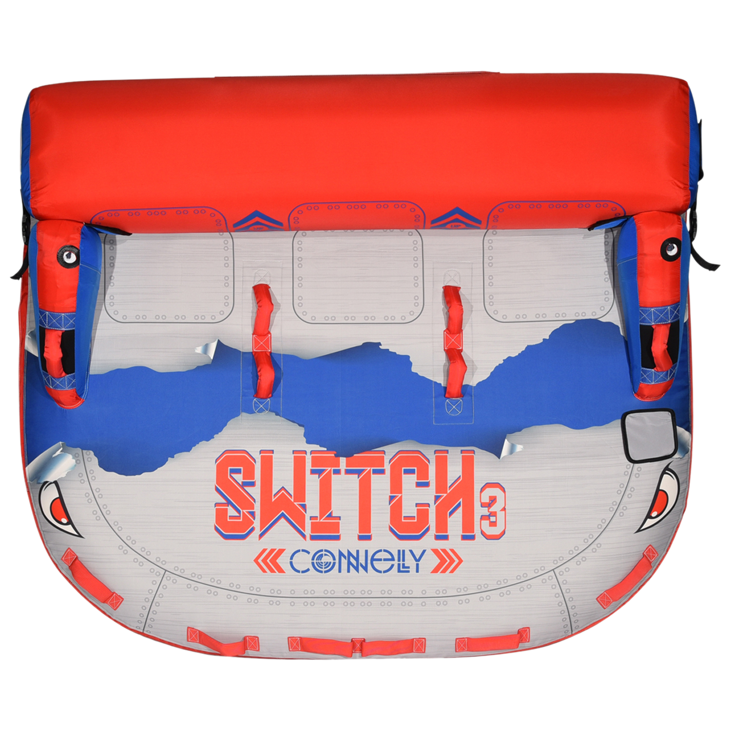 Top view of Switch 3 towable tube showing red, blue, and gray design with handle grips.
