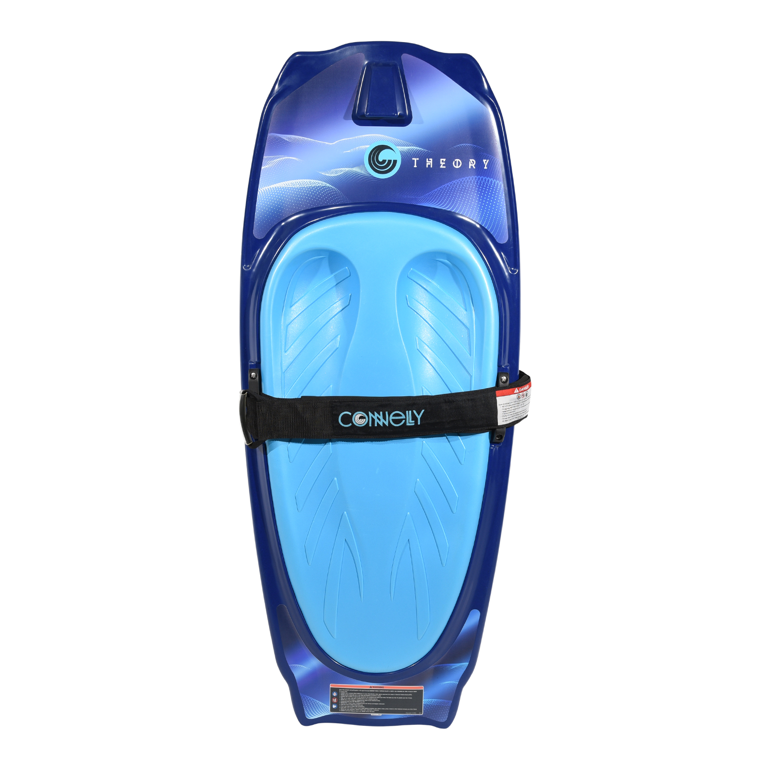 Top view of the Theory kneeboard with light blue pad, black strap, and logo graphic.