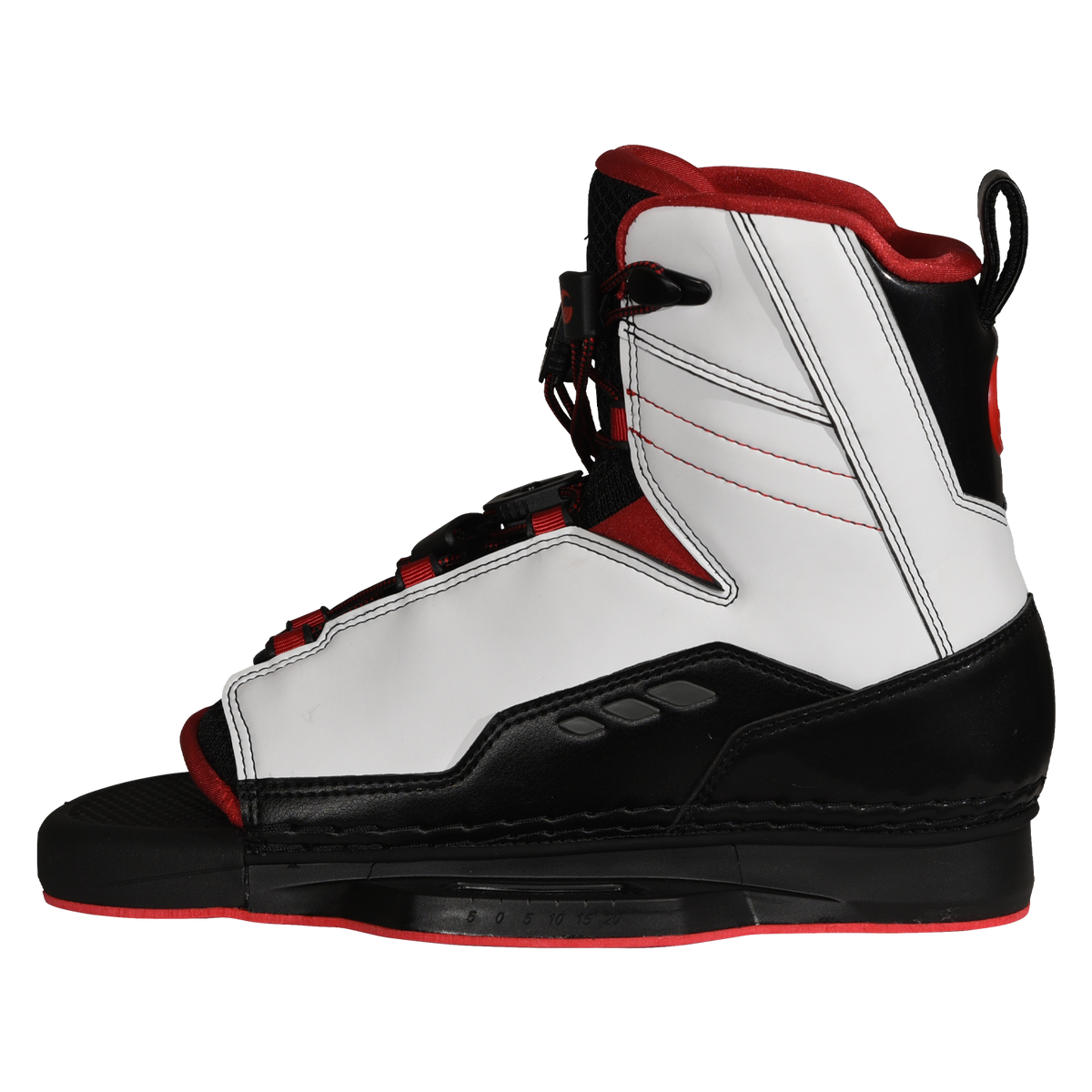 Side view of Venza binding with white panels, black base, and red accents.