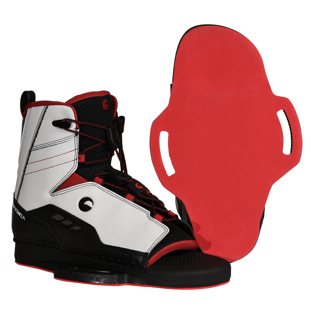 Angled side and base view of Venza binding showing red sole and footbed.