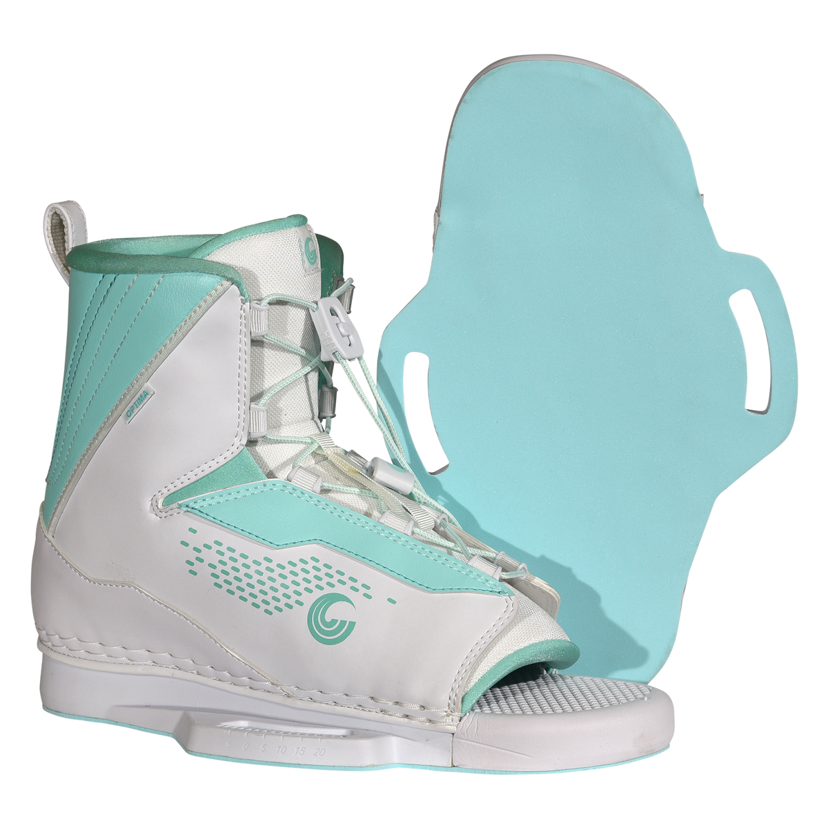 Angled side and base view of Women's Optima binding showing teal sole and matching footbed.