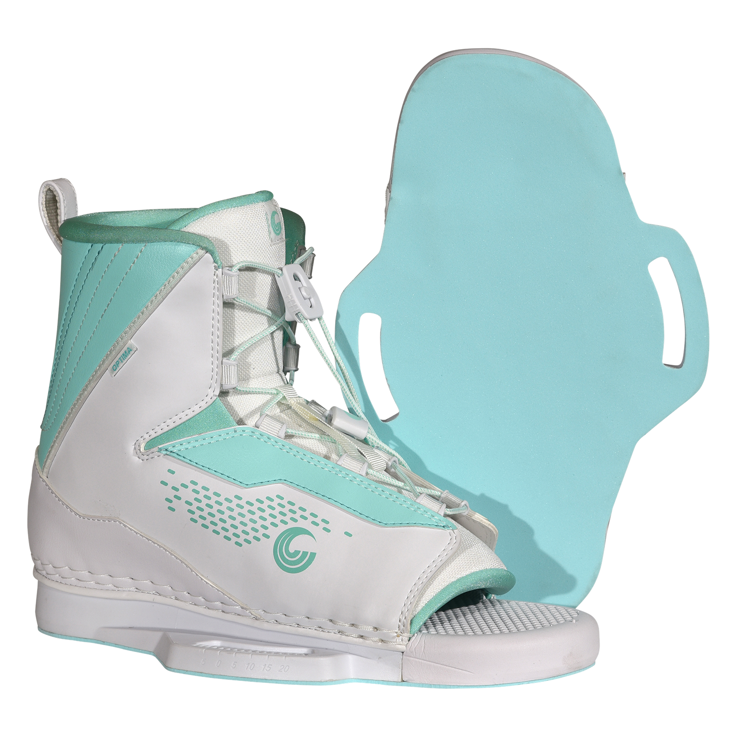 Angled side and base view of Women's Optima binding showing teal sole and matching footbed.