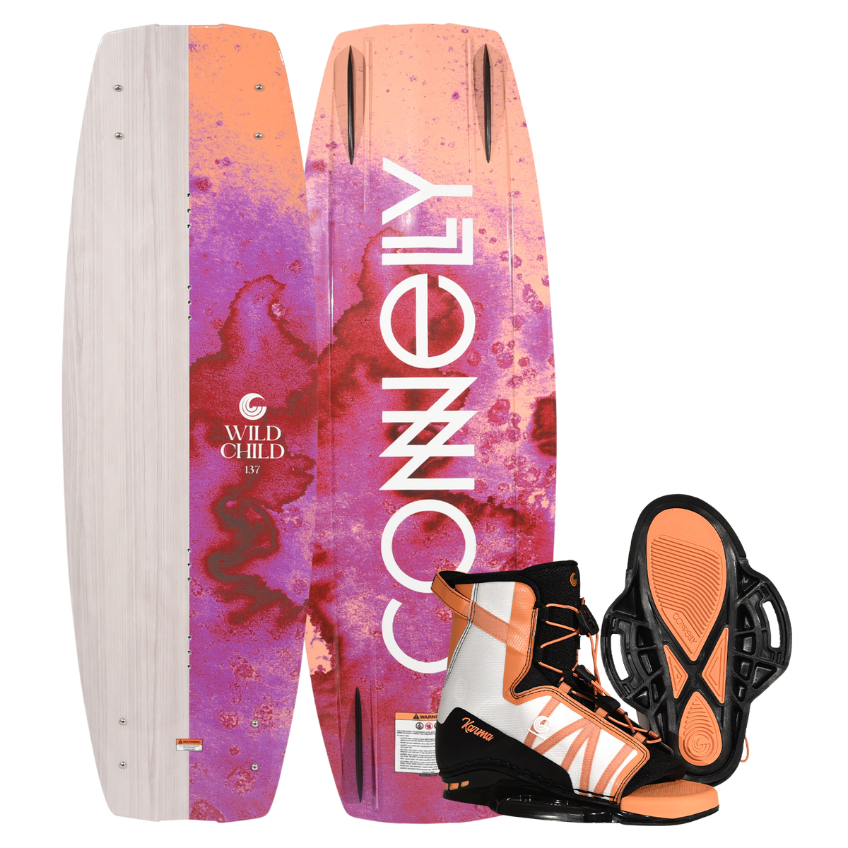 Top and bottom view of Wildchild wakeboard in orange and magenta with orange and white Karma bindings.