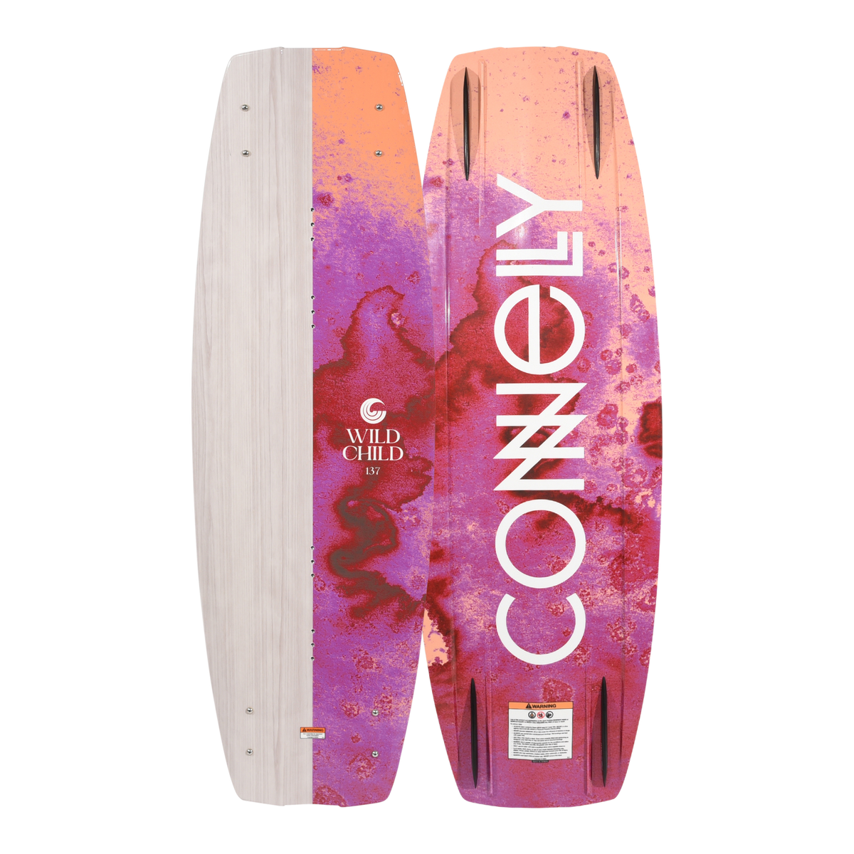 Front and back views of the Wild Child wakeboard with woodgrain and marbled color design.