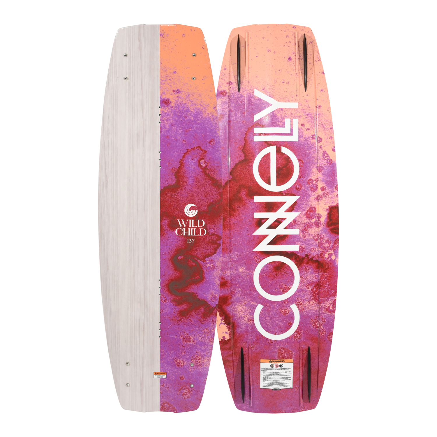 Front and back views of the Wild Child wakeboard with woodgrain and marbled color design.