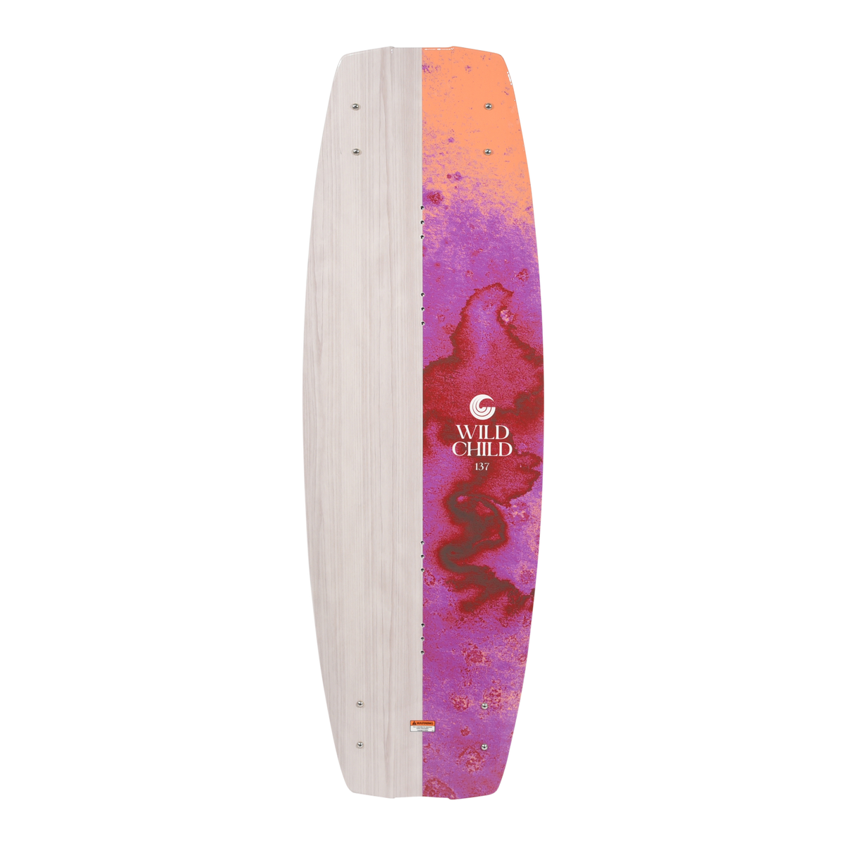 Top view of the Wild Child wakeboard with woodgrain and orange-pink marbled design.