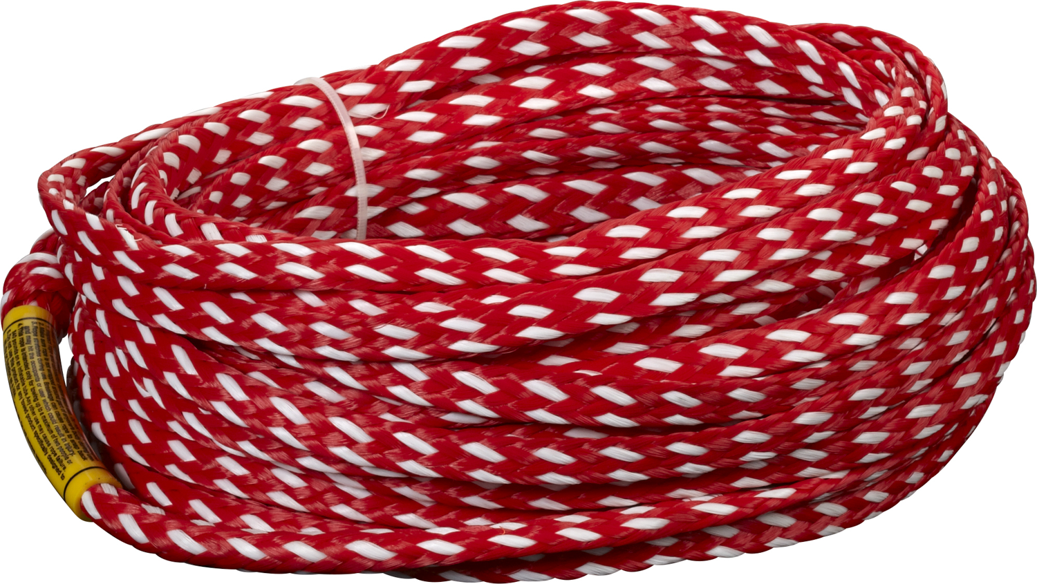 2-person deluxe tube rope in red and white braided design, coiled with yellow tag end.