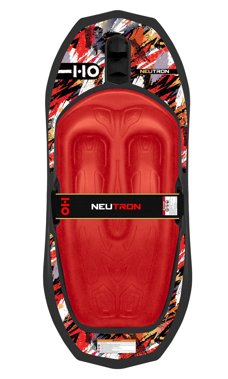 Top view of Neutron kneeboard in black with red pad, black strap, and multicolor graphic edges.