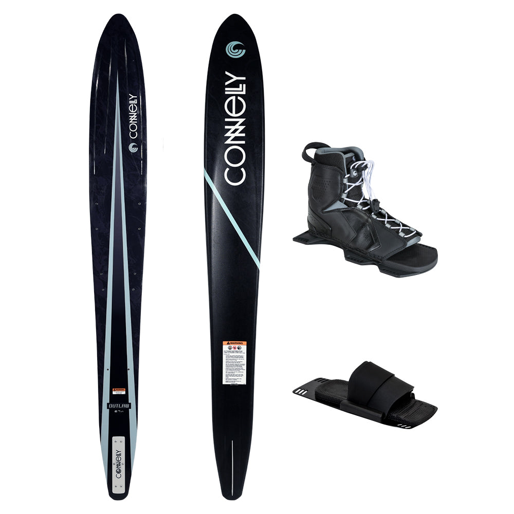 Top and bottom view of the Outlaw ski with Tempest front boot and RTP shown beside it.