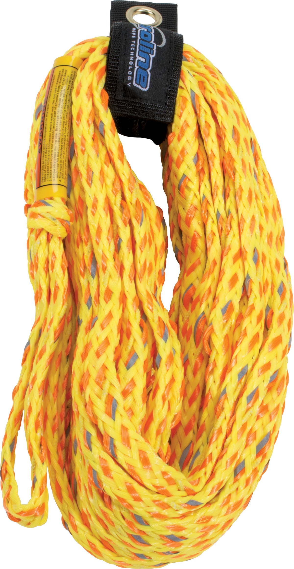 60' 2-rider safety tube rope in volt yellow and orange with floating neoprene strand, reflective tape, and a rope keeper.