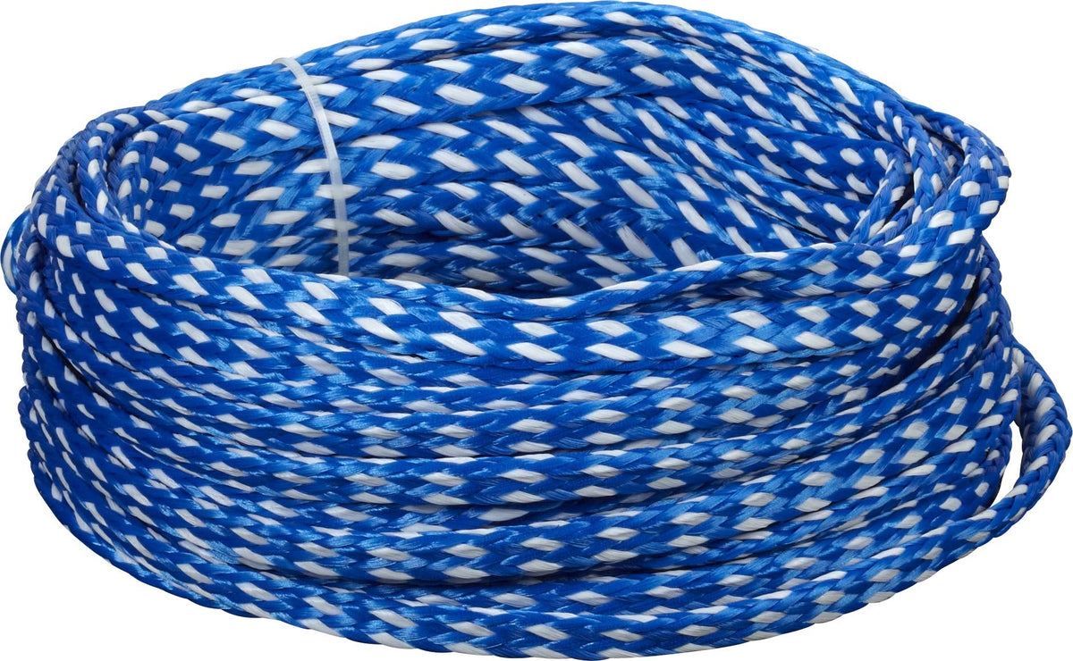 Coiled Heavy Duty 4-Person Tube Rope in blue and white with a durable braided design for secure towing.