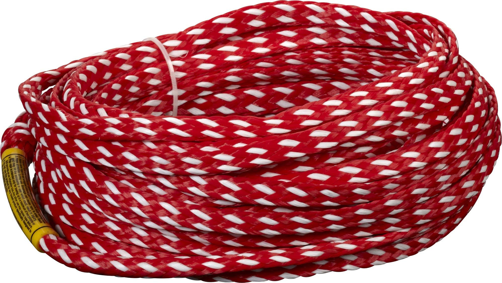 Coiled Heavy Duty 4-Person Tube Rope in red and white with a braided design and reinforced yellow handle attachment.