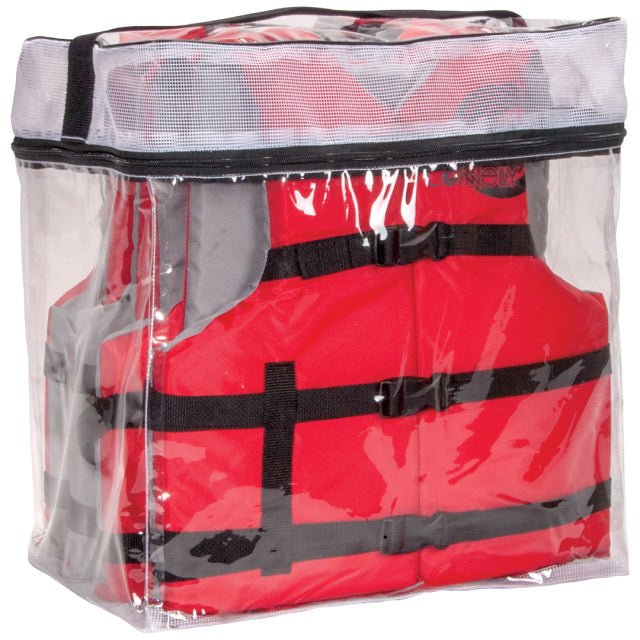 Pack of four adjustable nylon life vests in red with black straps, stored in a clear zippered carrying case with logo.