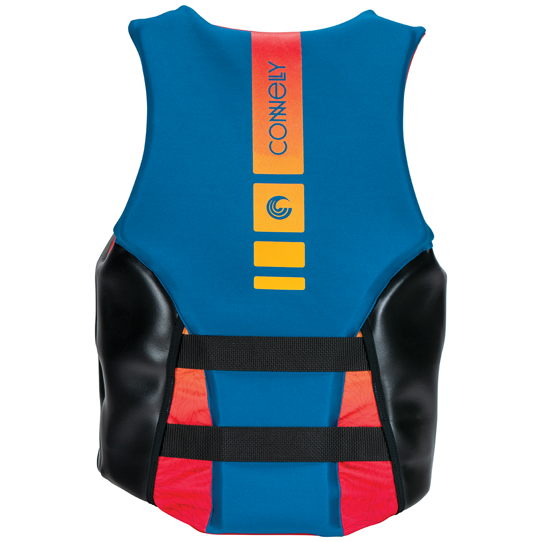 Back view of Connelly Men‚Äôs Aspect Neo CGA wake vest in blue with yellow and orange accents.