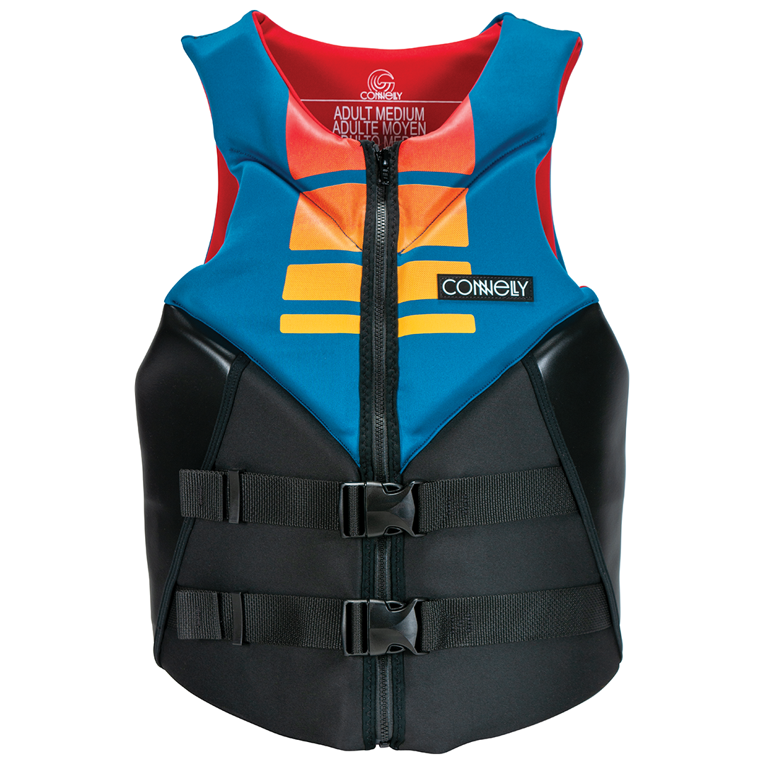 Front view of Connelly Men‚Äôs Aspect Neo CGA wake vest in blue, black, and orange with buckle straps.