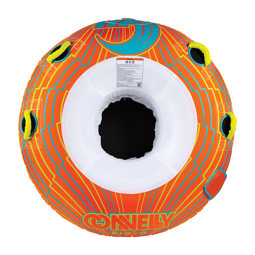 A bright orange and blue inflatable Big O tube features a center opening, four handles, and Connelly branding.