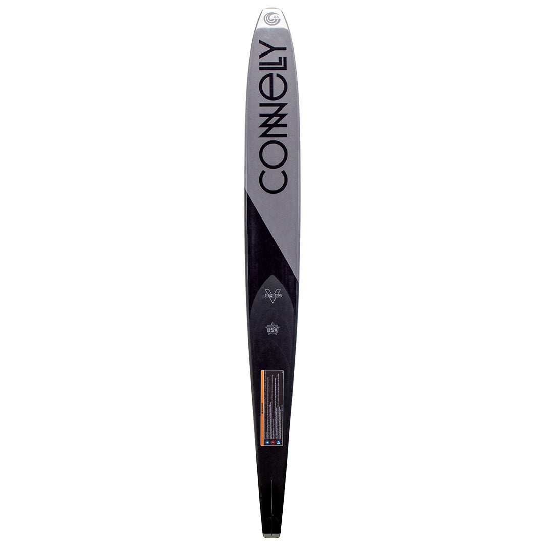 Base view of the C1 slalom ski showcasing a gray and black diagonal contrasting design and Connelly logo.