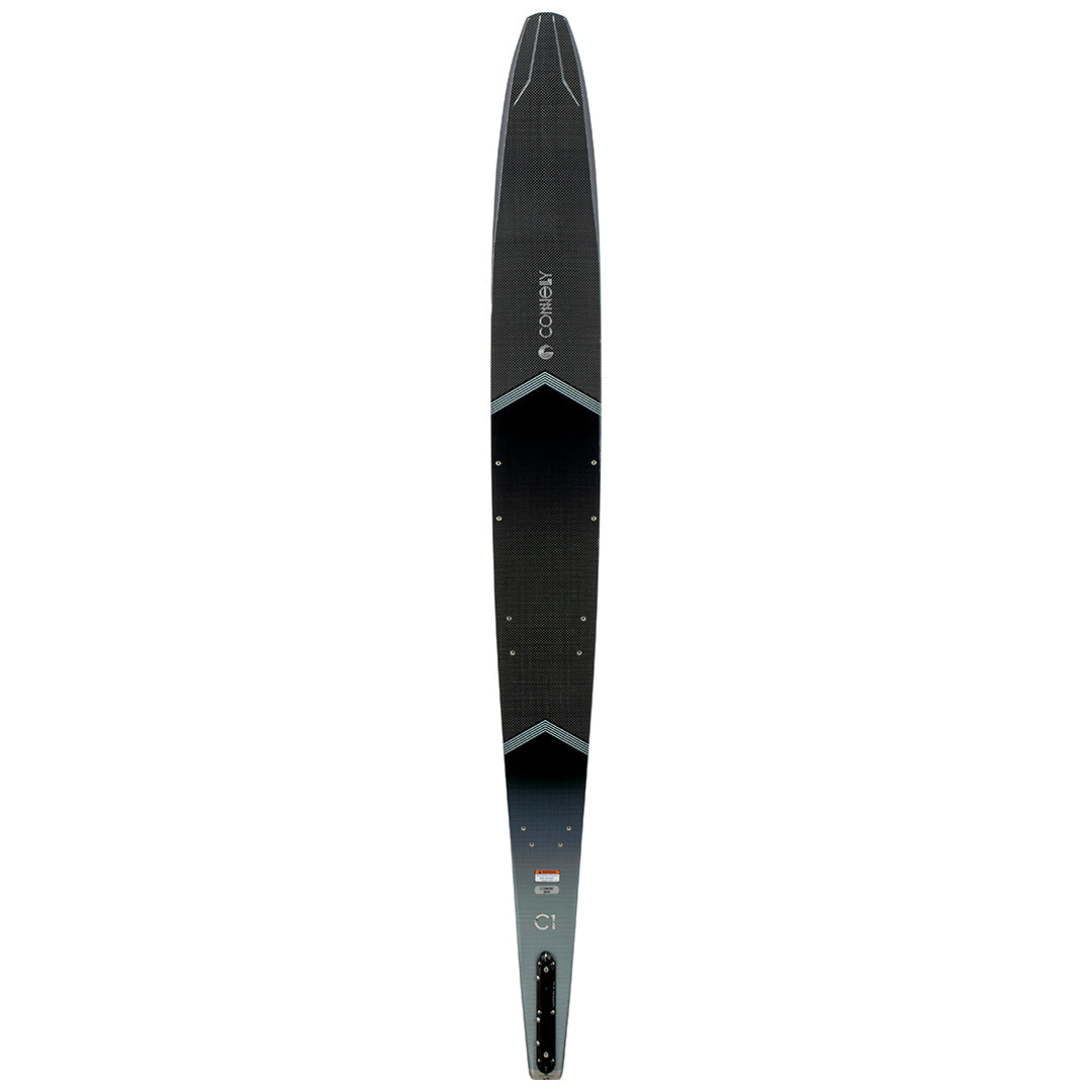 Connelly C1 slalom ski top view with a sleek black and gray design, featuring chevron graphics and branding.