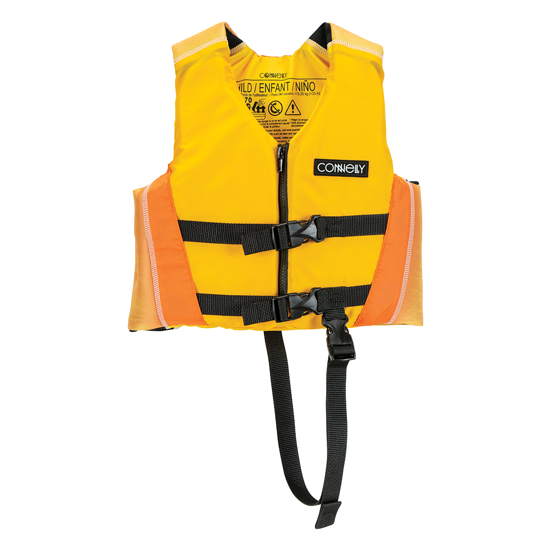 Child Fusion Nylon life vest in yellow and orange, featuring a zip closure, two buckles, and an adjustable safety strap.