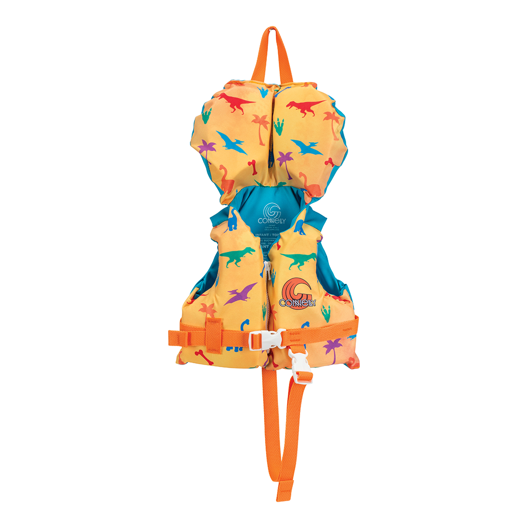Front view of the Infant Premium Nylon life vest in orange with a dinosaur pattern, orange straps, and a safety buckle.