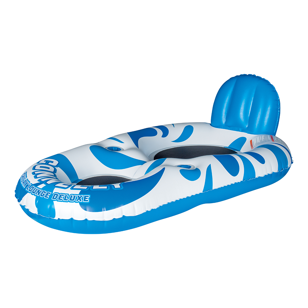 Chilax Lounge Deluxe inflatable float in blue and white with a built-in backrest, mesh bottom, and integrated cup holders.