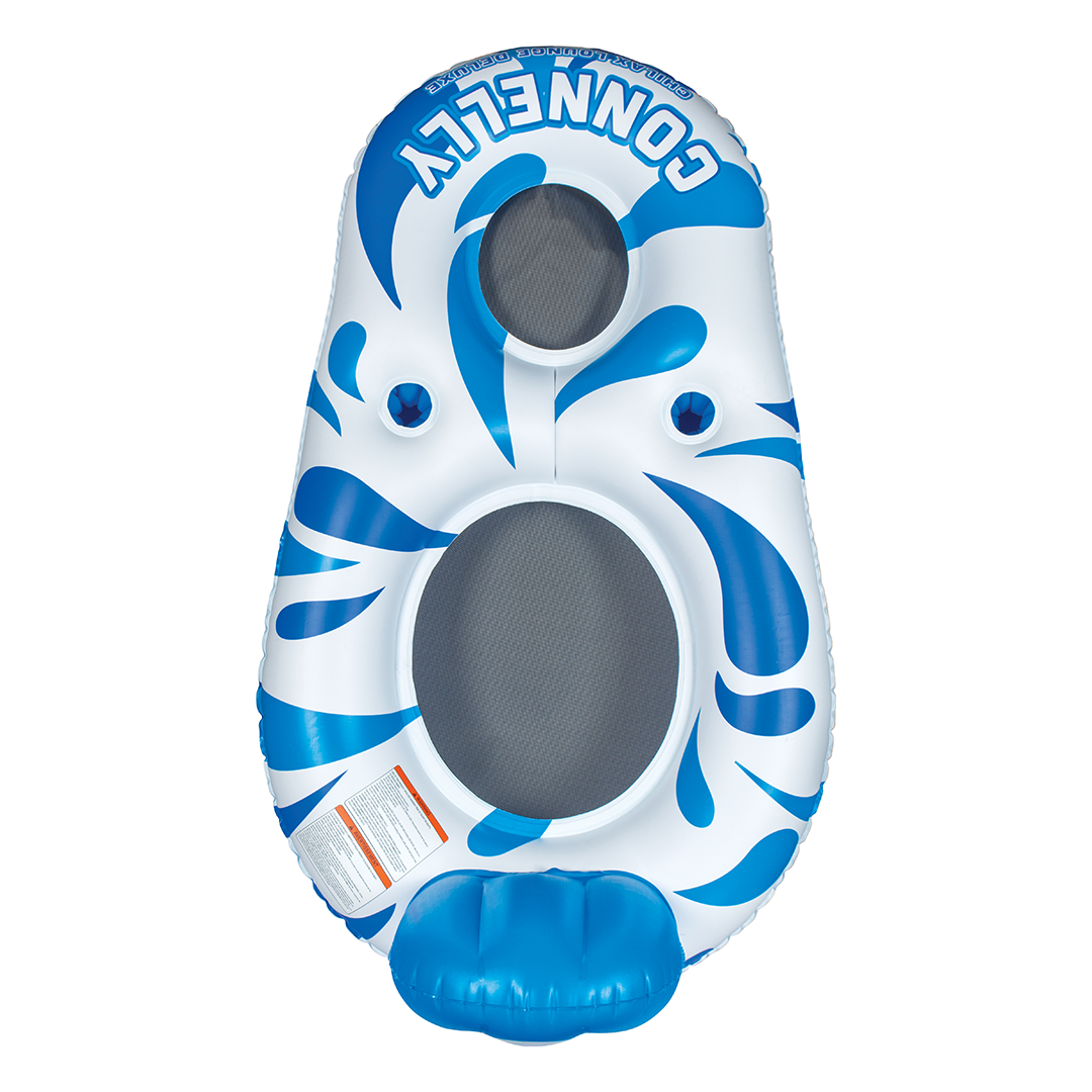 Top view of the Chilax Lounge Deluxe, showing a contoured mesh seating area, raised headrest, and bold Connelly branding.