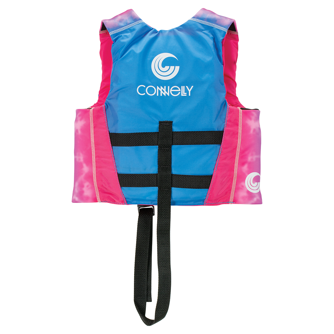 Back view of the Child Fusion Nylon life vest in blue and pink, with a black safety strap and Connelly logo.