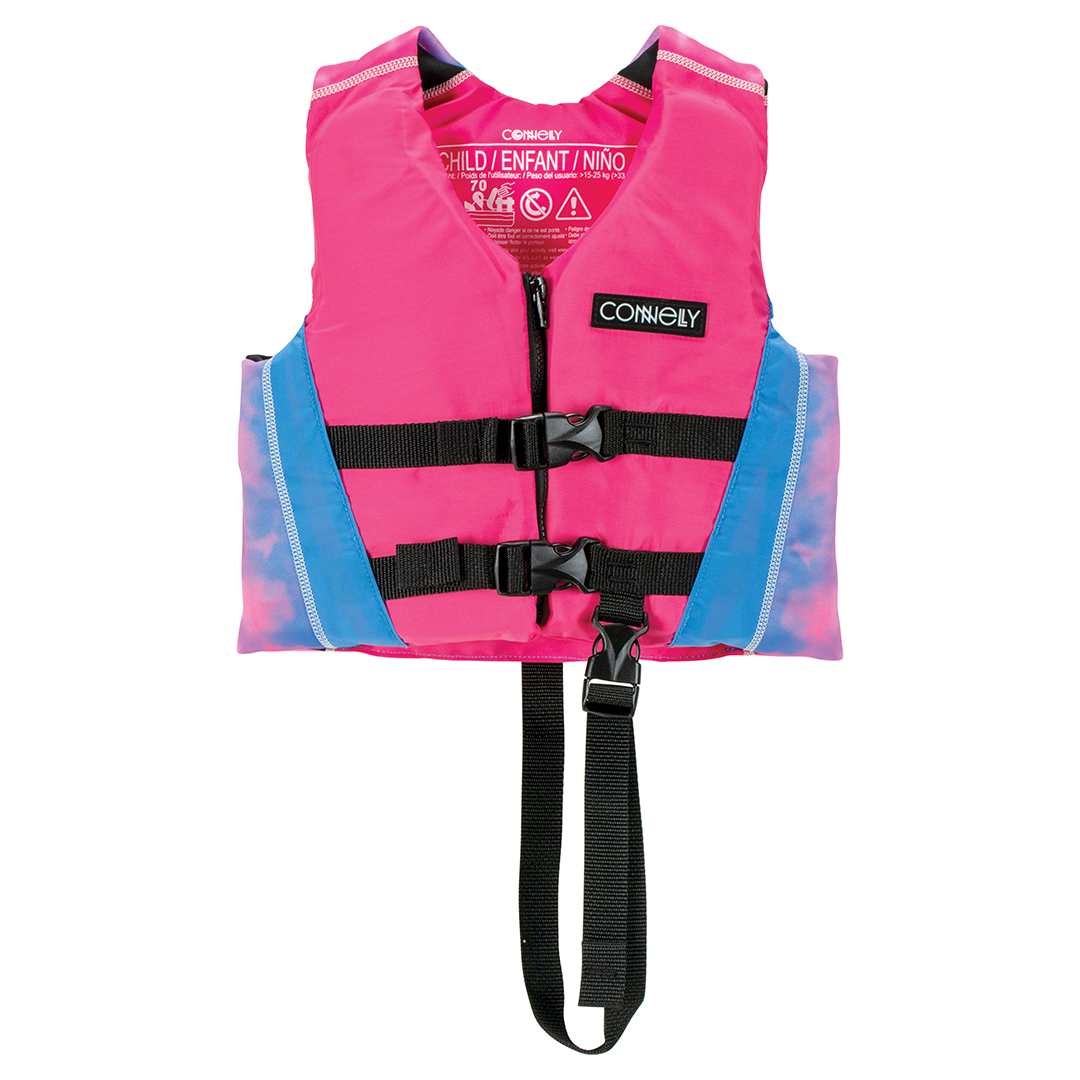 Child Fusion Nylon life vest in pink and blue, featuring a zip closure, two buckles, and an adjustable safety strap.