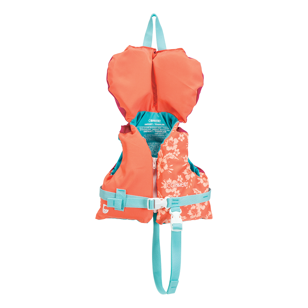 Front view of the Infant Tunnel Nylon life vest with an orange floral pattern, blue carrying loop, and adjustable safety strap.