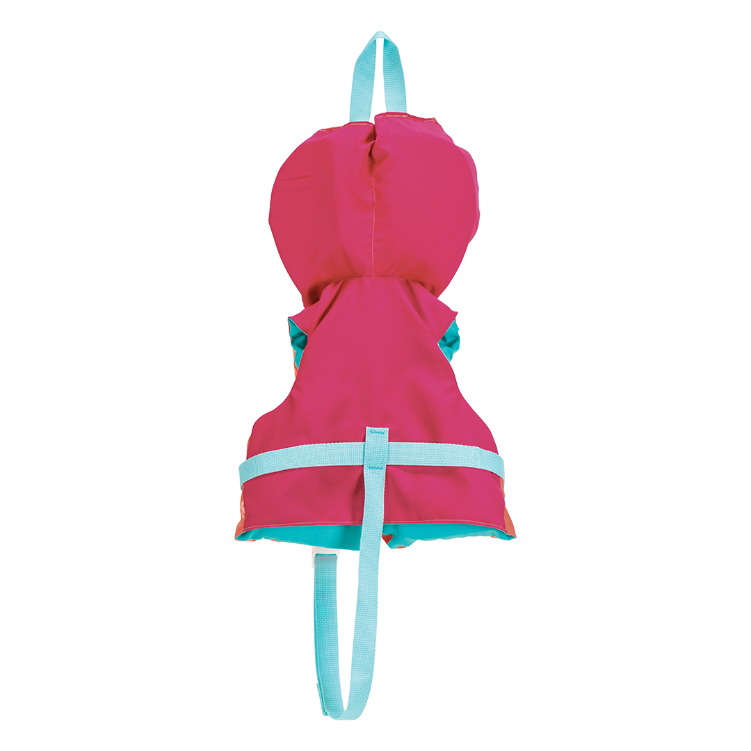 Back of the pink Infant Tunnel Nylon life vest with a headrest, blue carrying loop, and adjustable safety strap on the back.