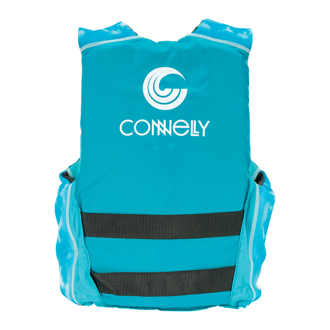 Back of teal Teen Fusion Nylon life vest with a white logo and black straps across the lower back for secure wear.