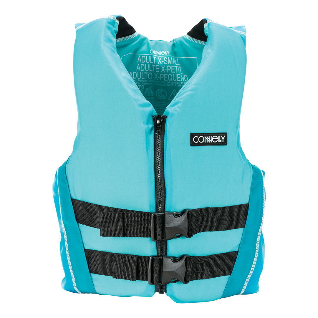Front of teal Teen Fusion Nylon life vest with black adjustable straps, a front zipper, and reinforced side panels.