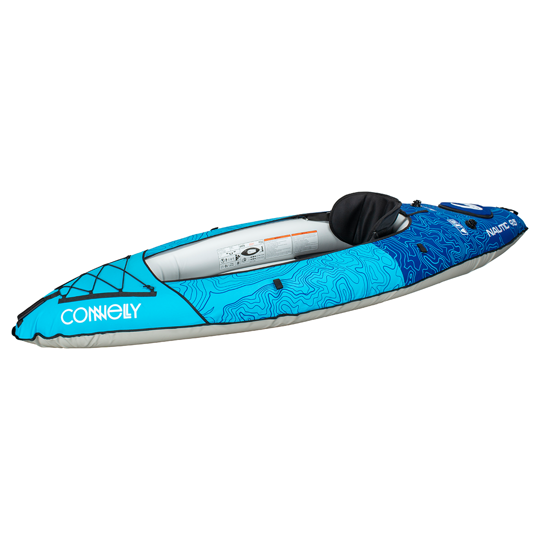 Angled side view of the Nautic 9.5 inflatable kayak in blue, featuring a single black seat and bungee storage.