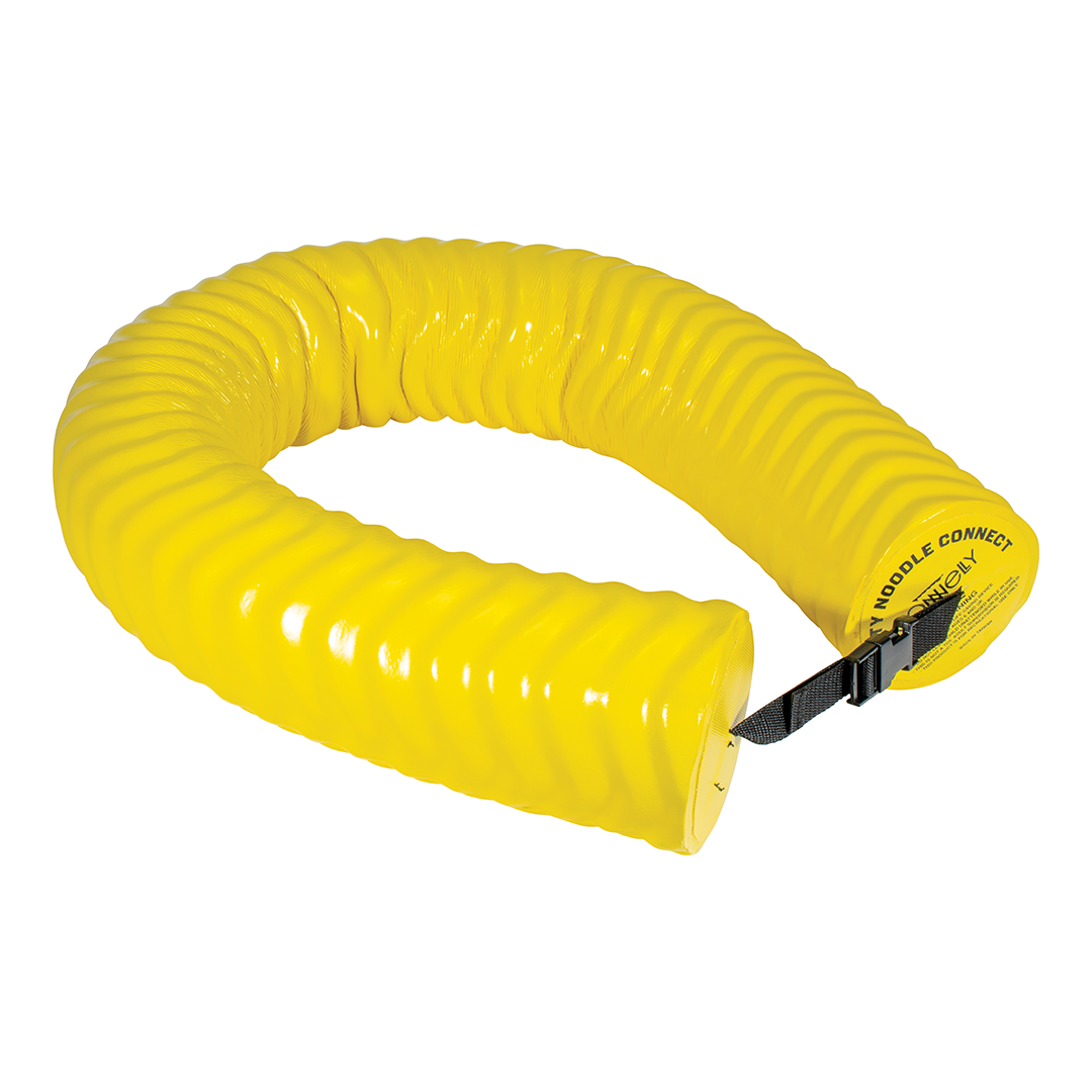 Yellow Party Noodle Connect, featuring a durable rippled surface and adjustable buckle strap.