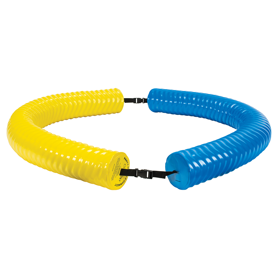 Two Party Noodle Connects joined in blue and yellow, creating a floating circular water lounge.