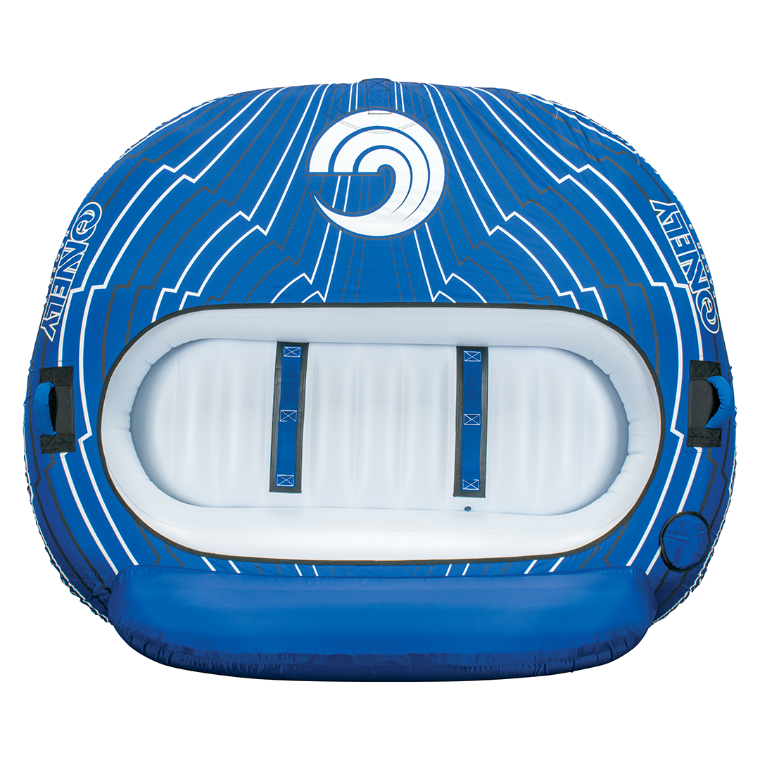 Overhead shot of the Racer 3 tube showing the white interior, blue padded backrest, and zigzag graphics.