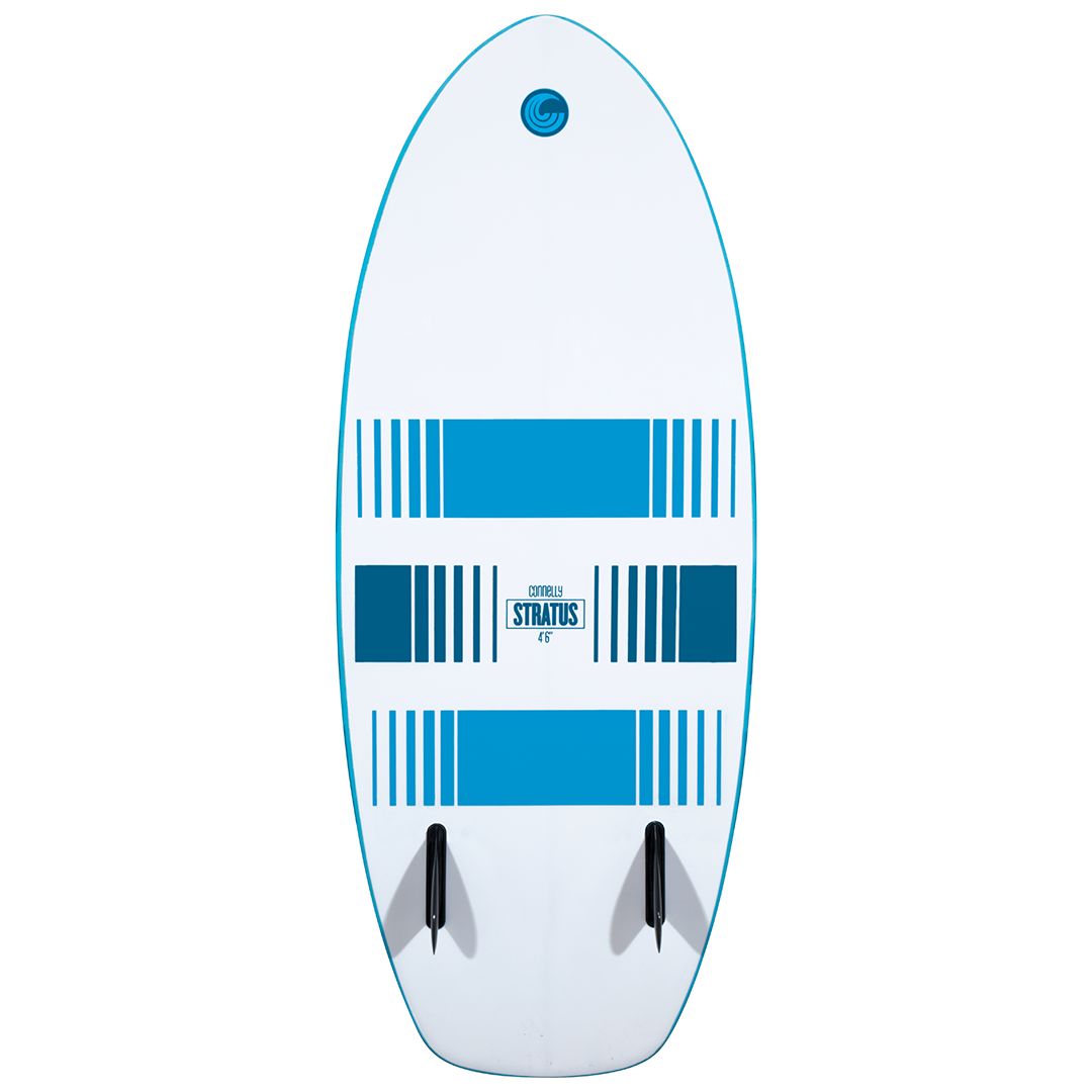 Base view of the Stratus wakesurf board, showing a white surface with blue striped graphics and two black fins.