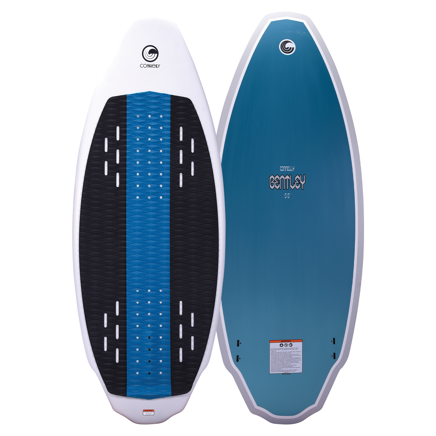 Connelly Bentley wakesurf board, top and bottom views. Blue base, twin fin setup, and black traction pad for control.