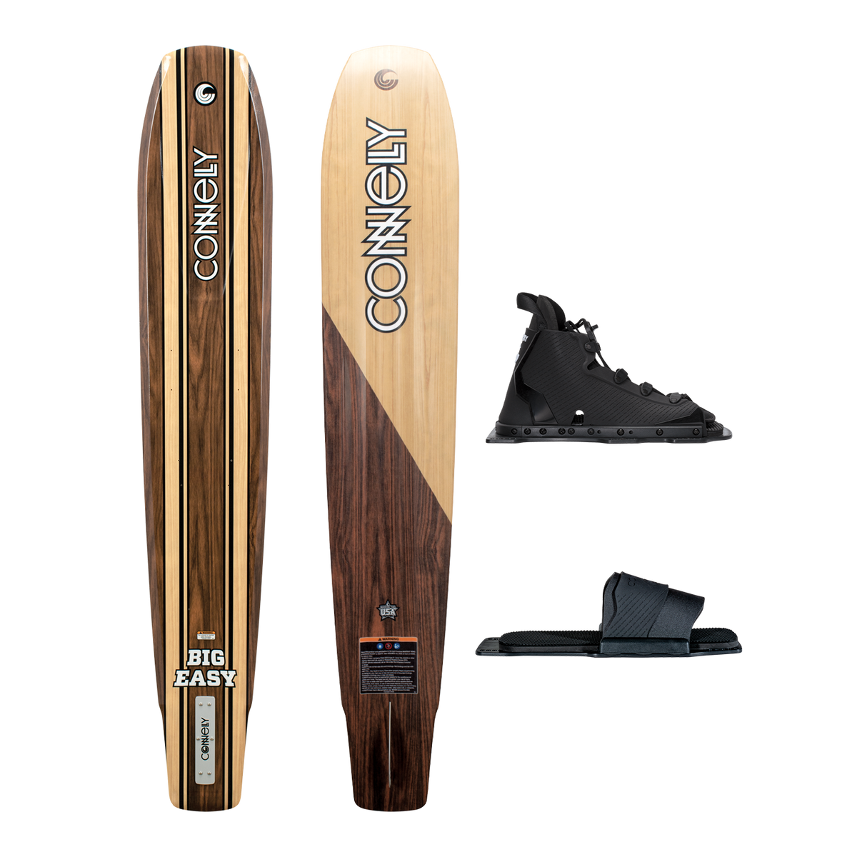 Big Easy slalom ski with wood grain finish, Swerve front boot, and Swerve RTP rear binding for control and comfort.
